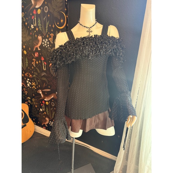 Kaelyn Max II Tops - Kaelyn Max II Black Pinstripe Cold Shoulder Ruffle Bell Sleeve Top 1X